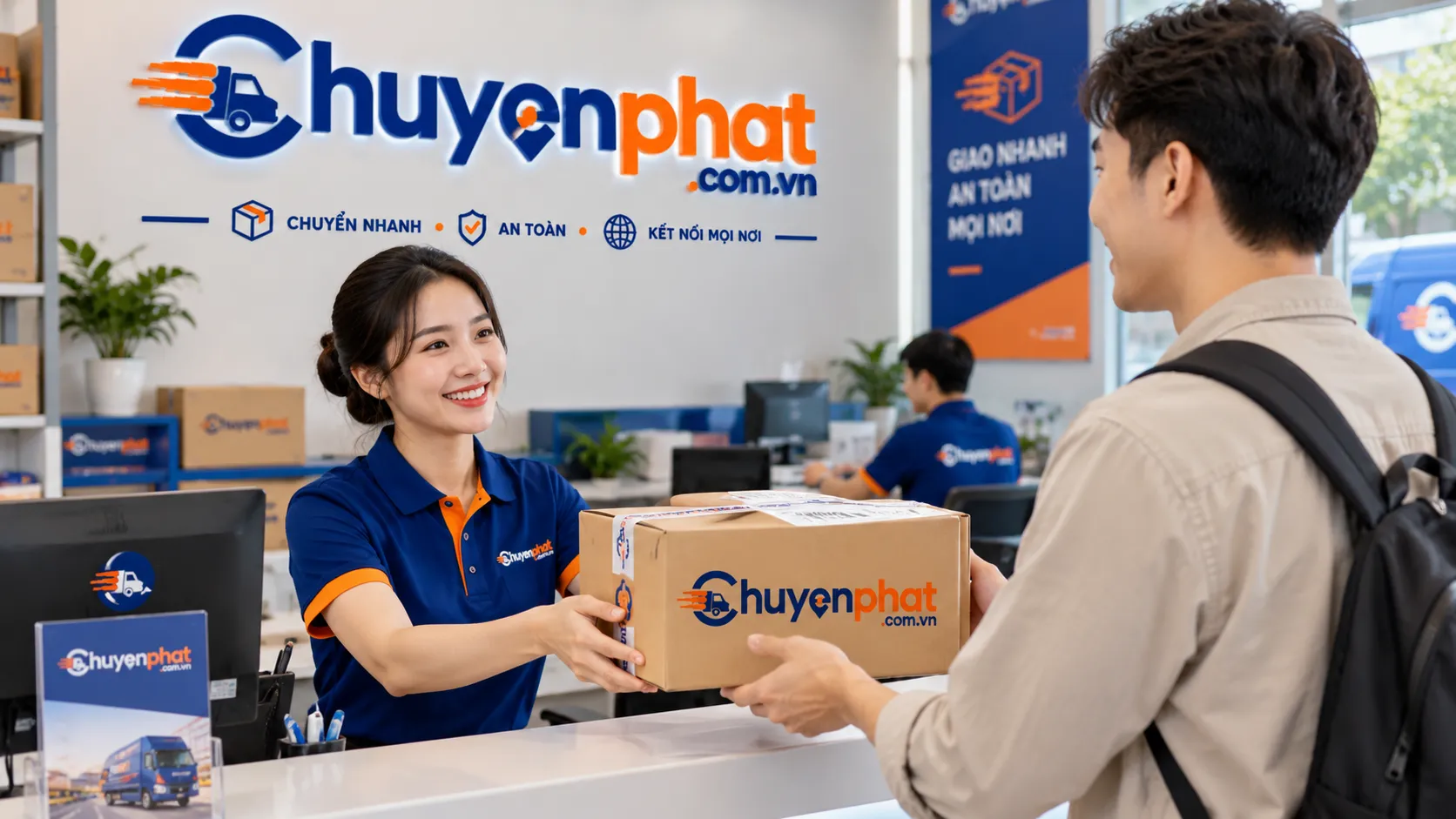 Bàn giao bưu kiện chuyển phát nhanh cho khách hàng